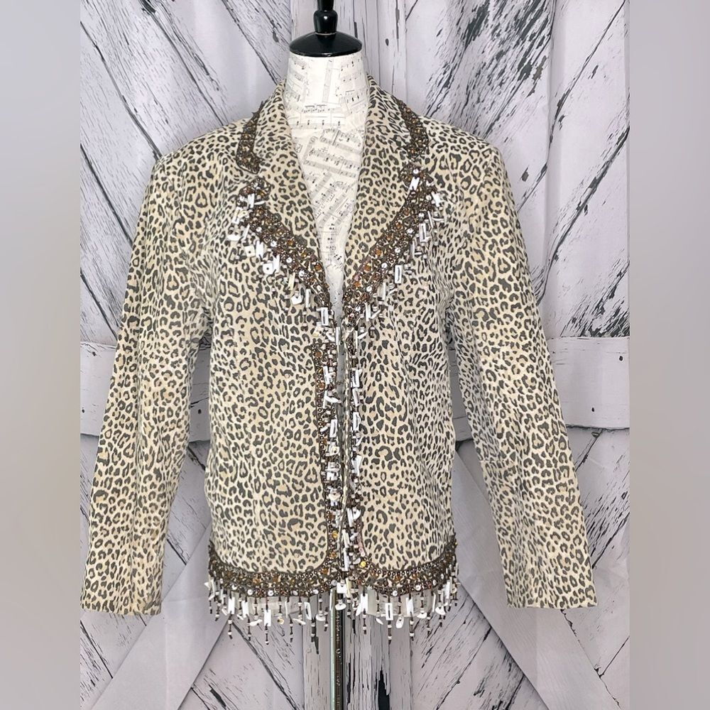 Pamela McCoy Leopard Print Embellished Leather Jacket - Beige & Brown
